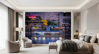 Urban night wall mural showcasing illuminated riverside scenery
