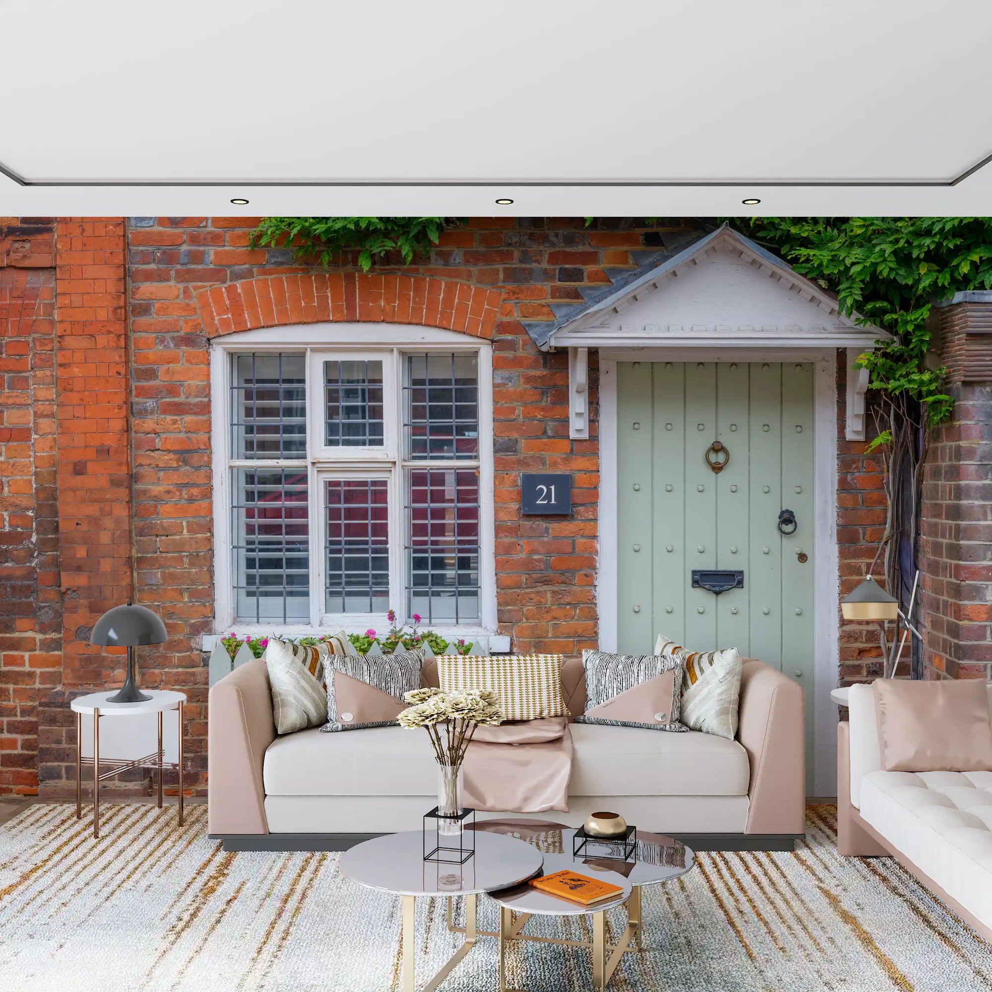 English cottage wall mural with blooming flowers and stone facade
