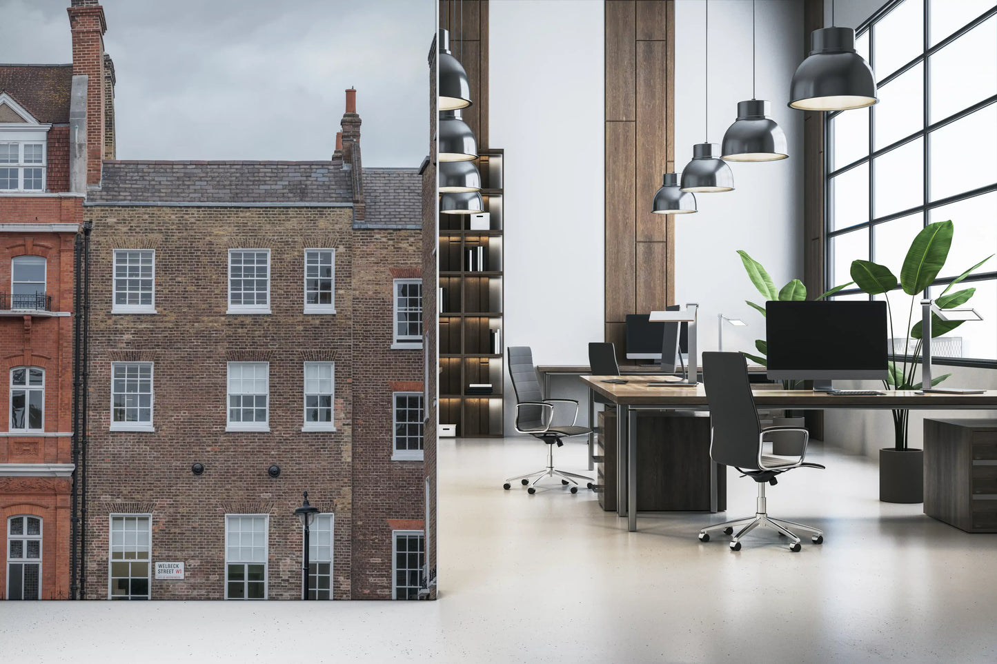 London architecture wall mural with brick and stone details