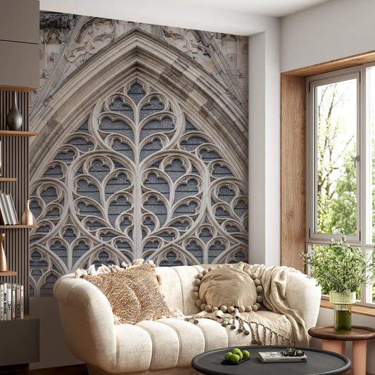 Gothic window wall mural with ornate stone arches and tracery