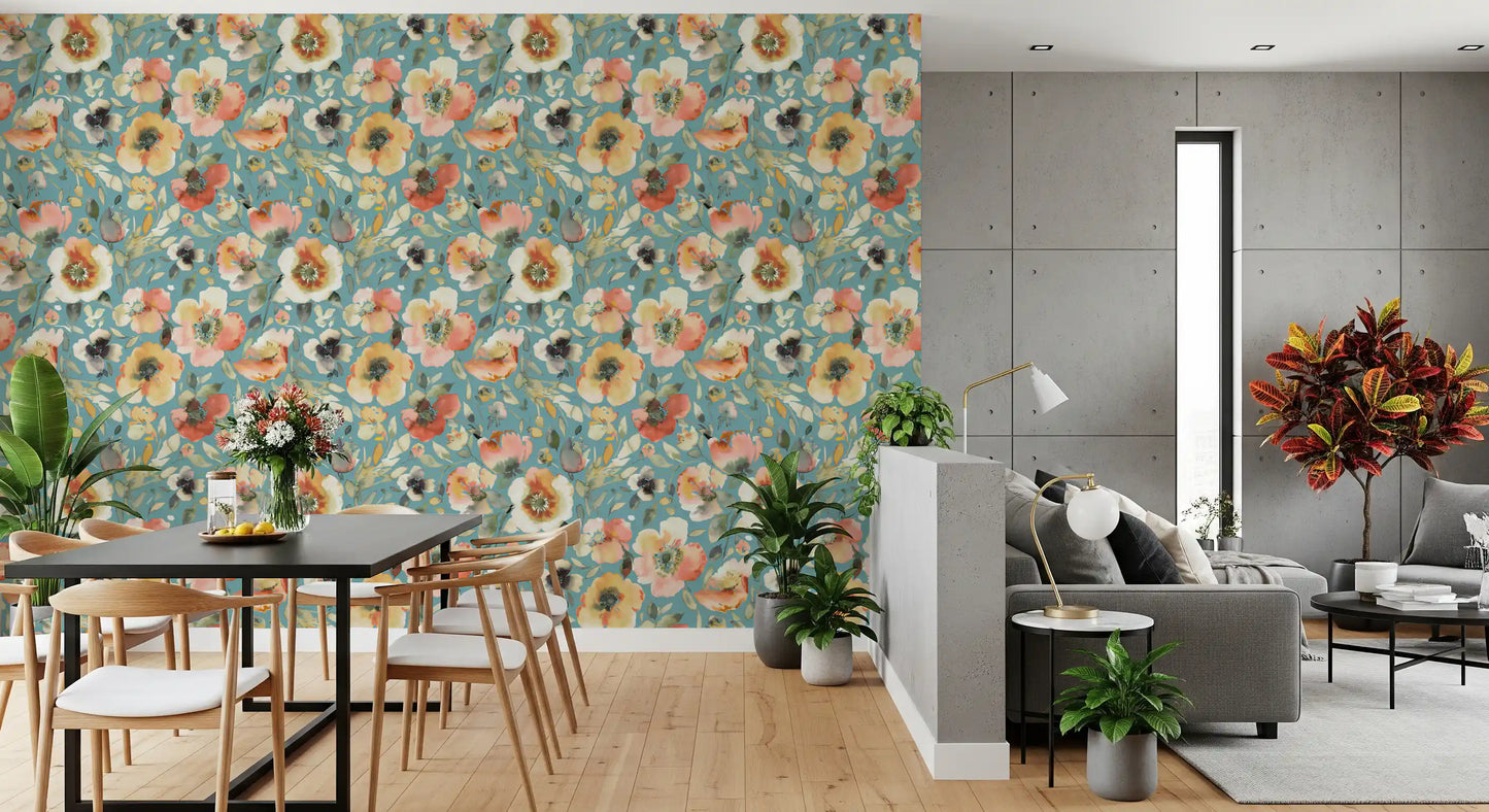 Soft Watercolor Floral Blooms Teal Peach Wallpaper⁠