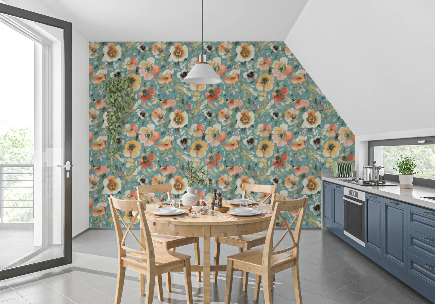 Soft Watercolor Floral Blooms Teal Peach Wallpaper⁠