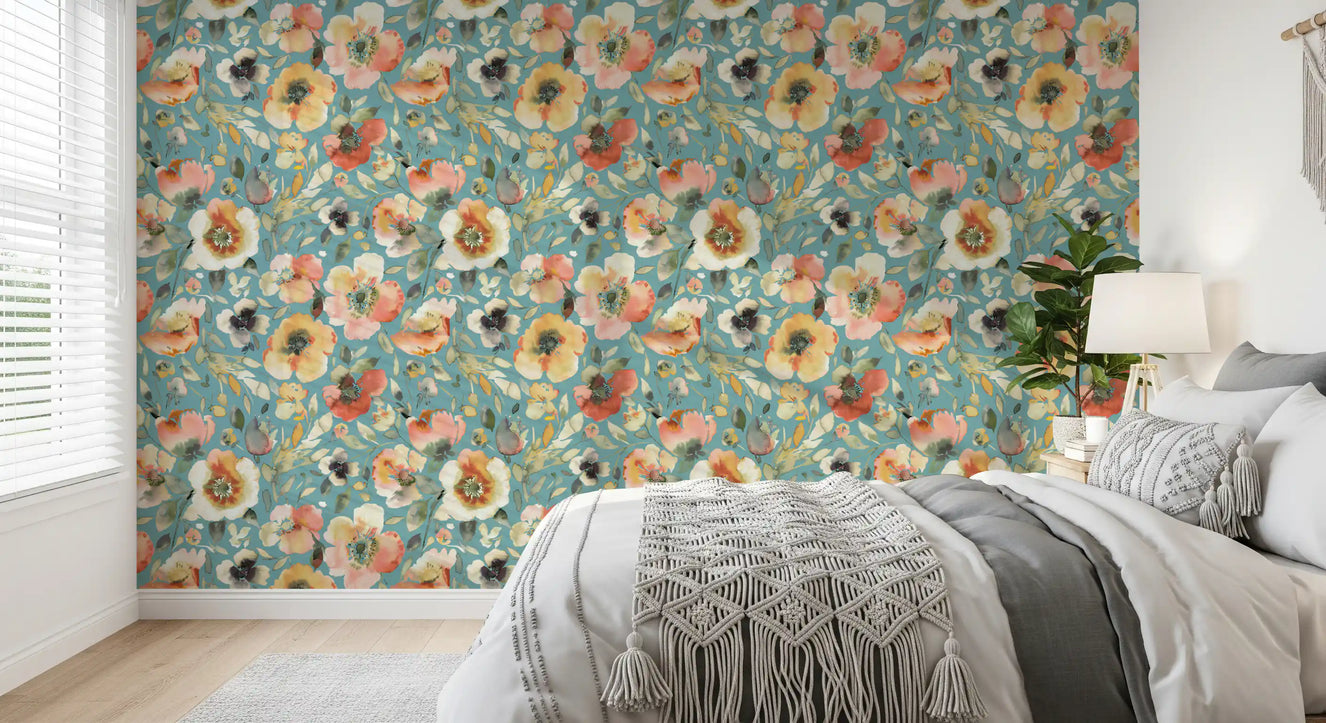 Soft Watercolor Floral Blooms Teal Peach Wallpaper⁠