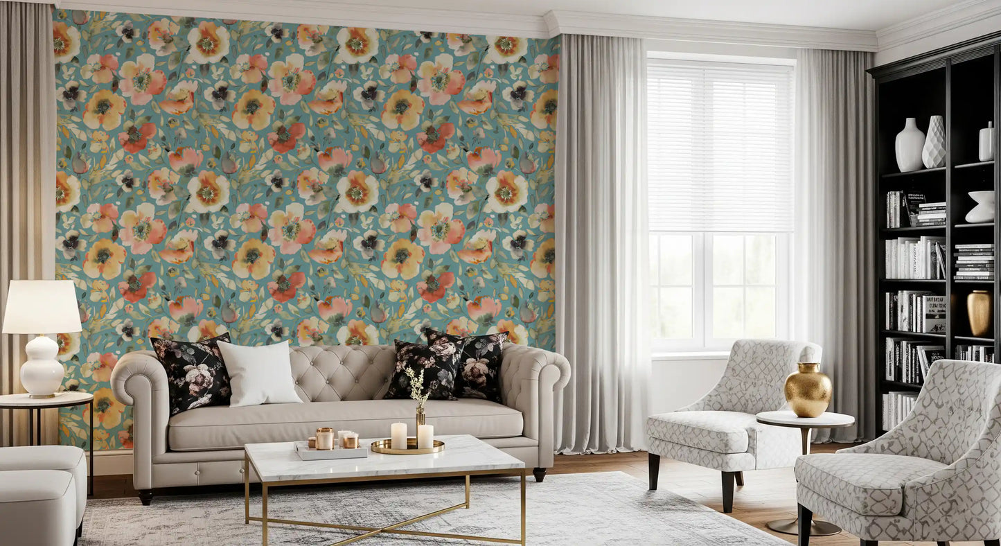 Soft Watercolor Floral Blooms Teal Peach Wallpaper⁠