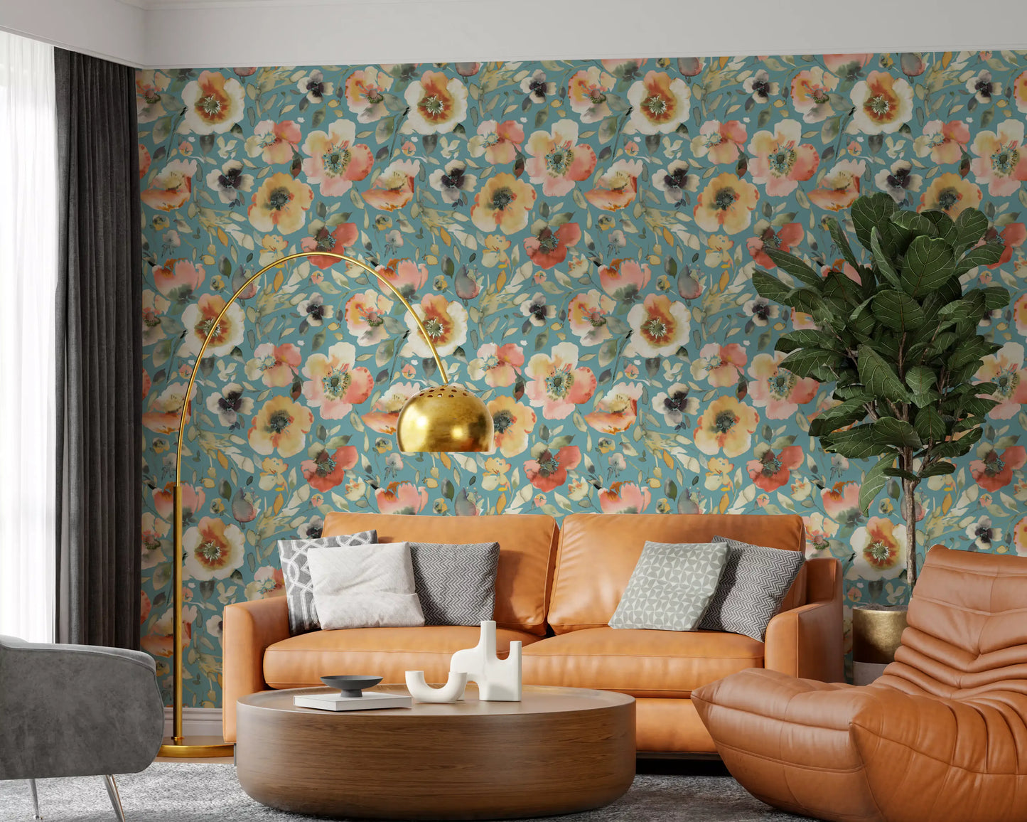 Soft Watercolor Floral Blooms Teal Peach Wallpaper⁠