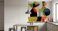 Artistic wall mural showing geometric vessel forms in olive, blush, and blue