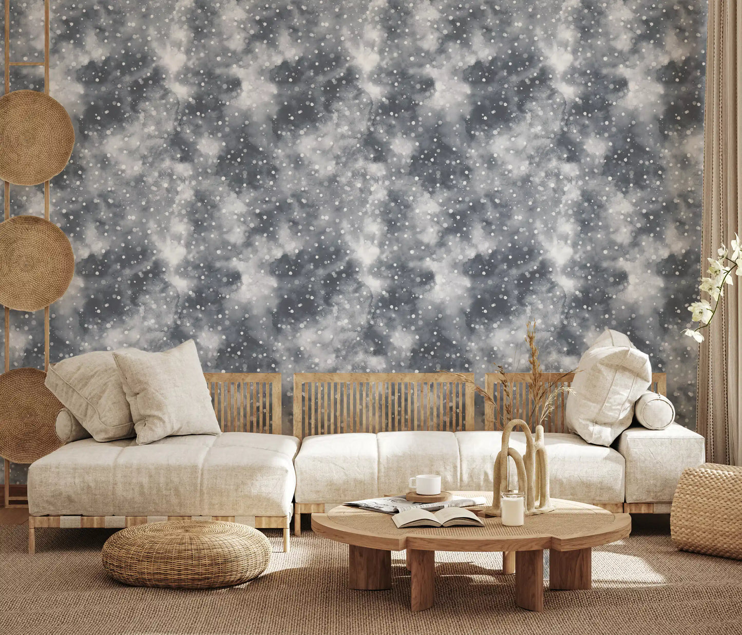 Living room mist wallpaper with silver grey shading and soft dotted movement