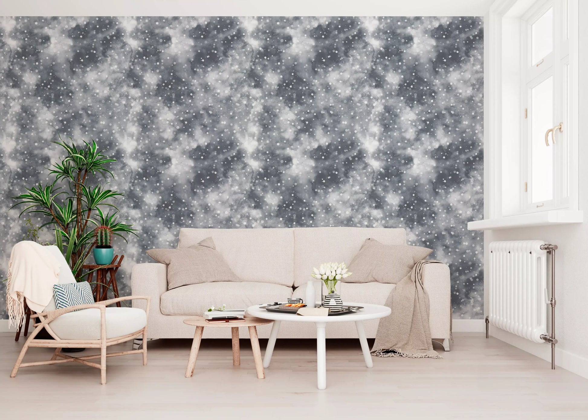 Silvered Mist Wallpaper with scattered white dots and watercolour grey movement