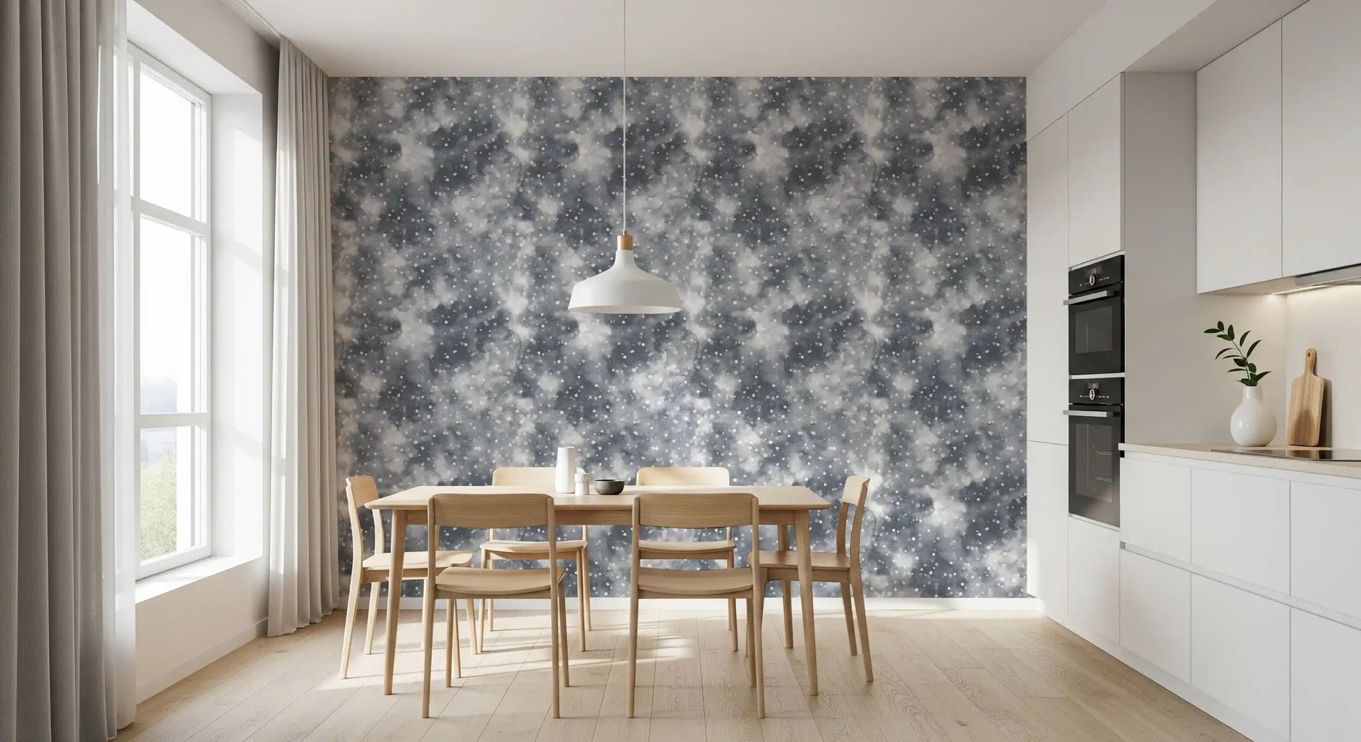 Dining room Light Dots Wallpaper with cloudy grey layers and gentle pattern flow