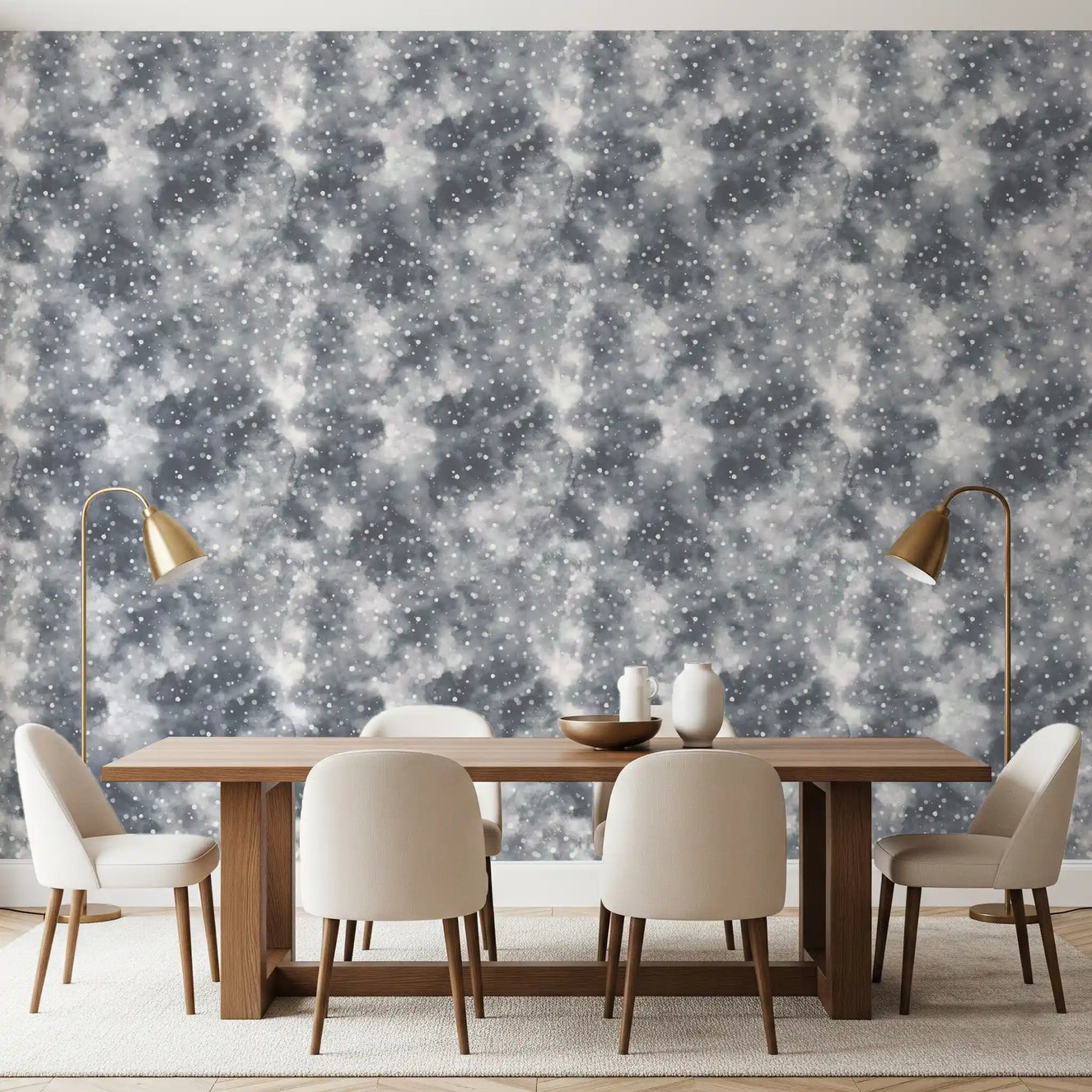 Dining room Silvered Mist Wallpaper with light dots and soft gray texture