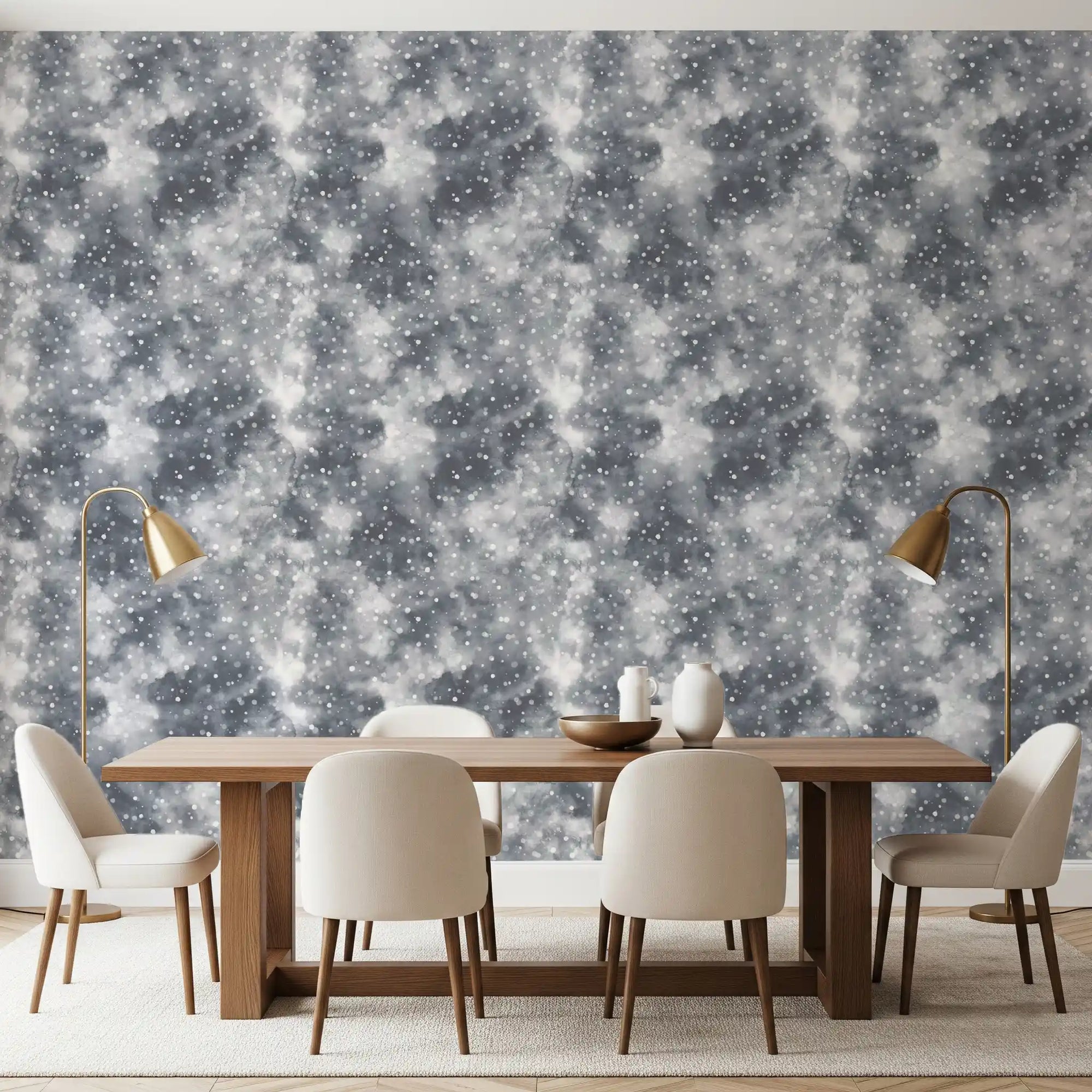 Dining room Silvered Mist Wallpaper with light dots and soft gray texture