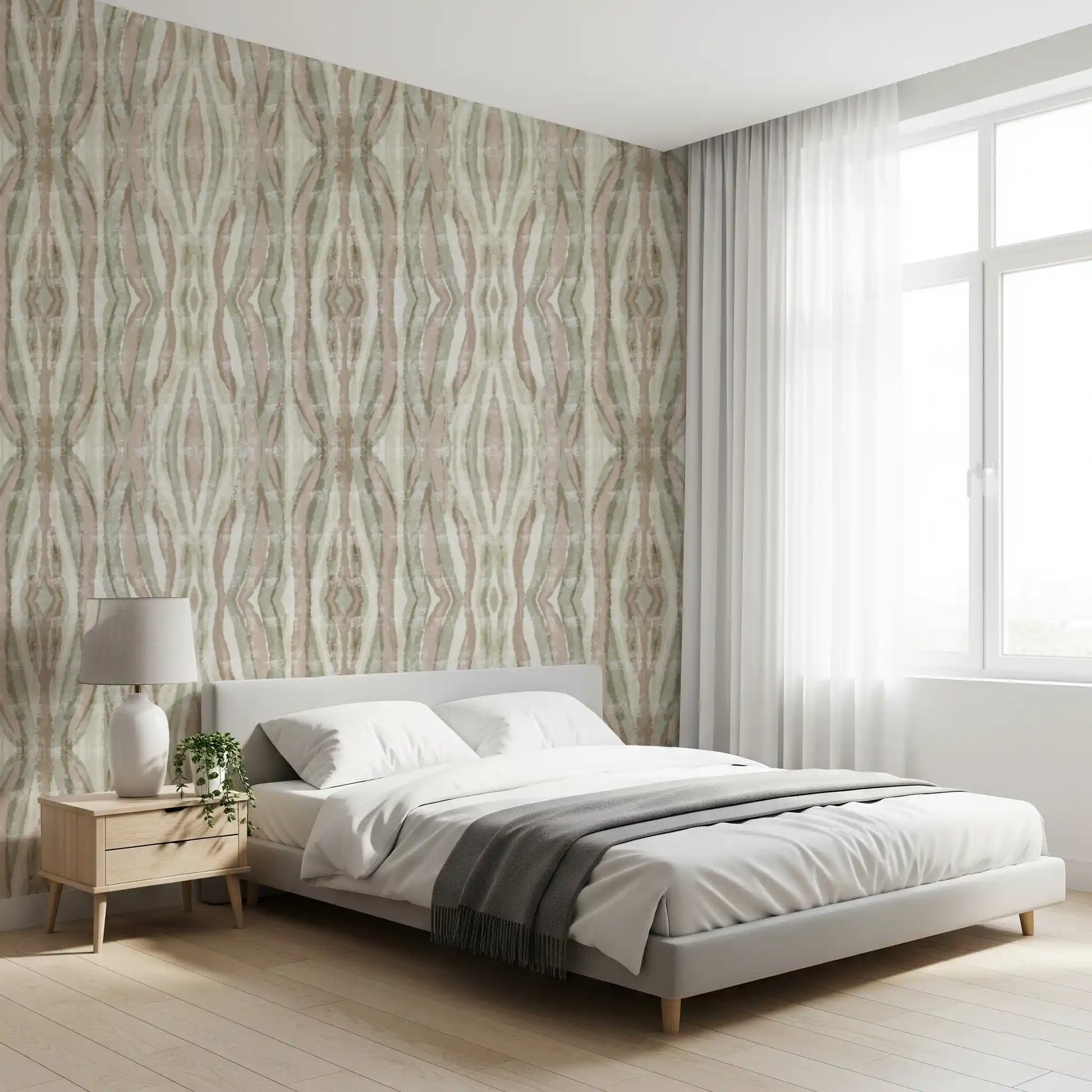 Textured stripes wallpaper with muted organic forms and a calm neutral repeat