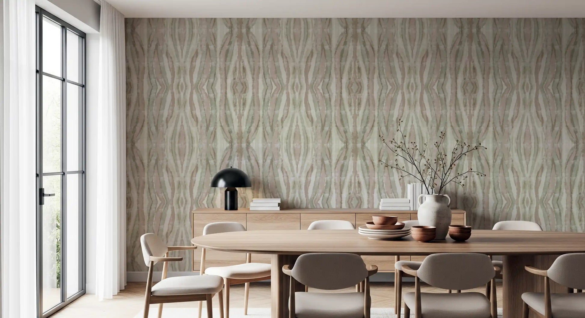 Muted Organic Flow stripes Wallpaper with soft wavy lines and earthy texture