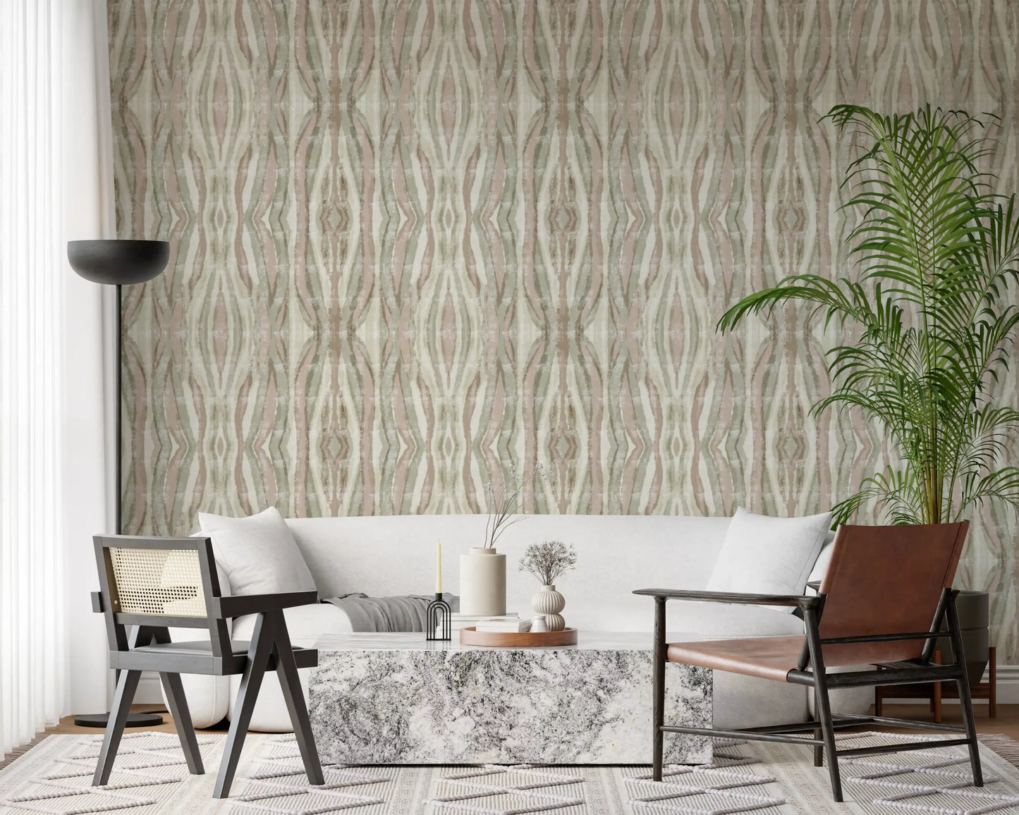 Organic flow wallpaper featuring blush, sage, taupe, and cream stripe movement