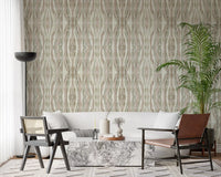 Organic flow wallpaper featuring blush, sage, taupe, and cream stripe movement