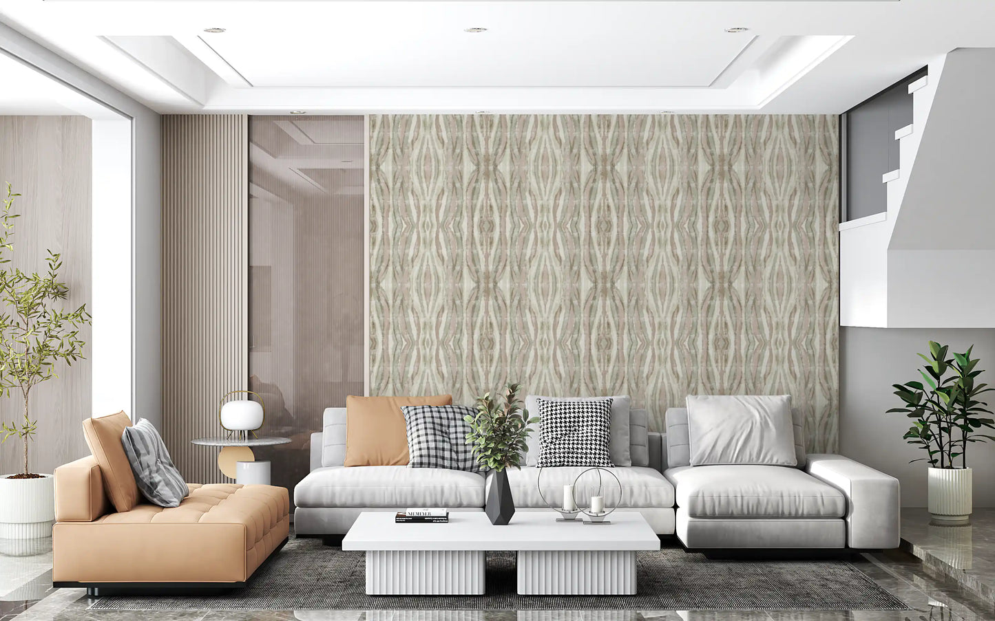 Living room Muted Organic Flow Stripes Wallpaper with soft earthy wavy lines