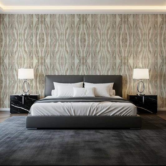 Bedroom Organic Flow Stripes Wallpaper in sage, blush, and cream tones