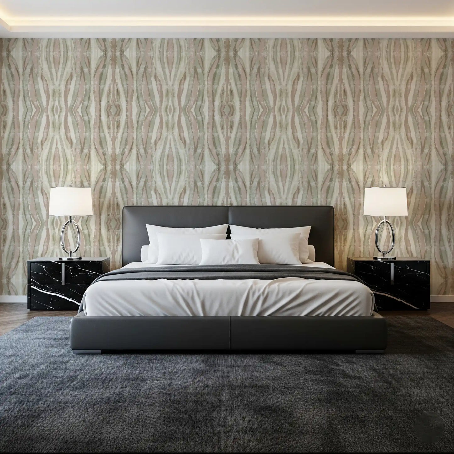 Bedroom Organic Flow Stripes Wallpaper in sage, blush, and cream tones