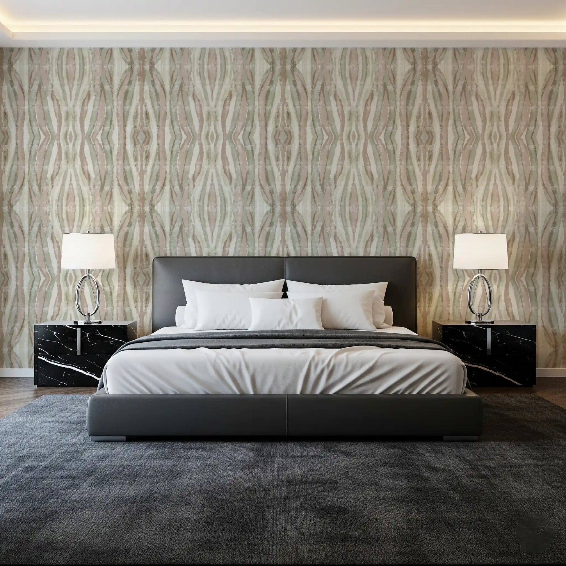 Bedroom Organic Flow Stripes Wallpaper in sage, blush, and cream tones