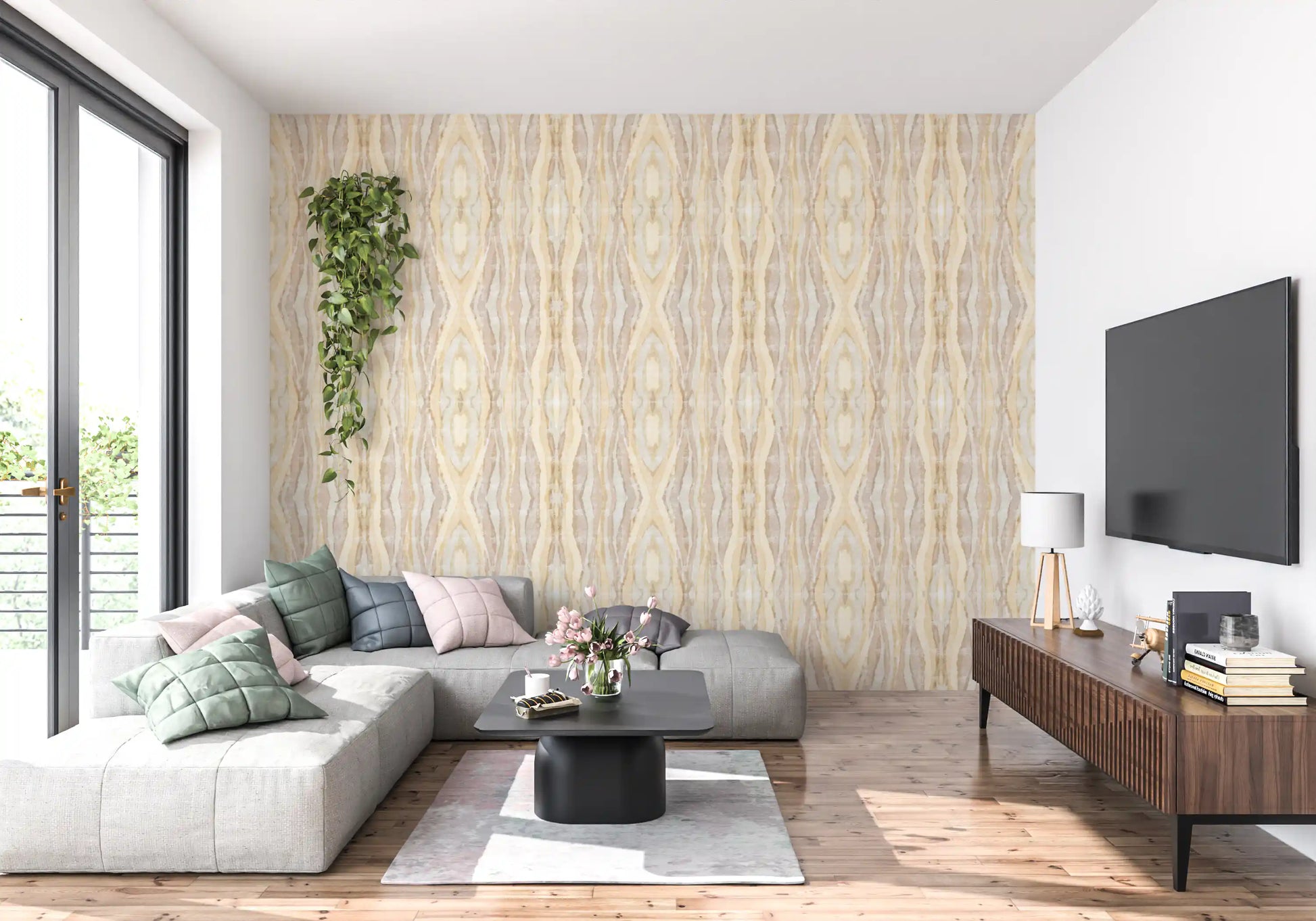 Earthen Rhythm wallpaper in soft beige bands with a calm textured finish