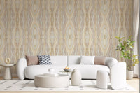 Neutral stripe wallpaper with shibori flow and balanced earthy patterning