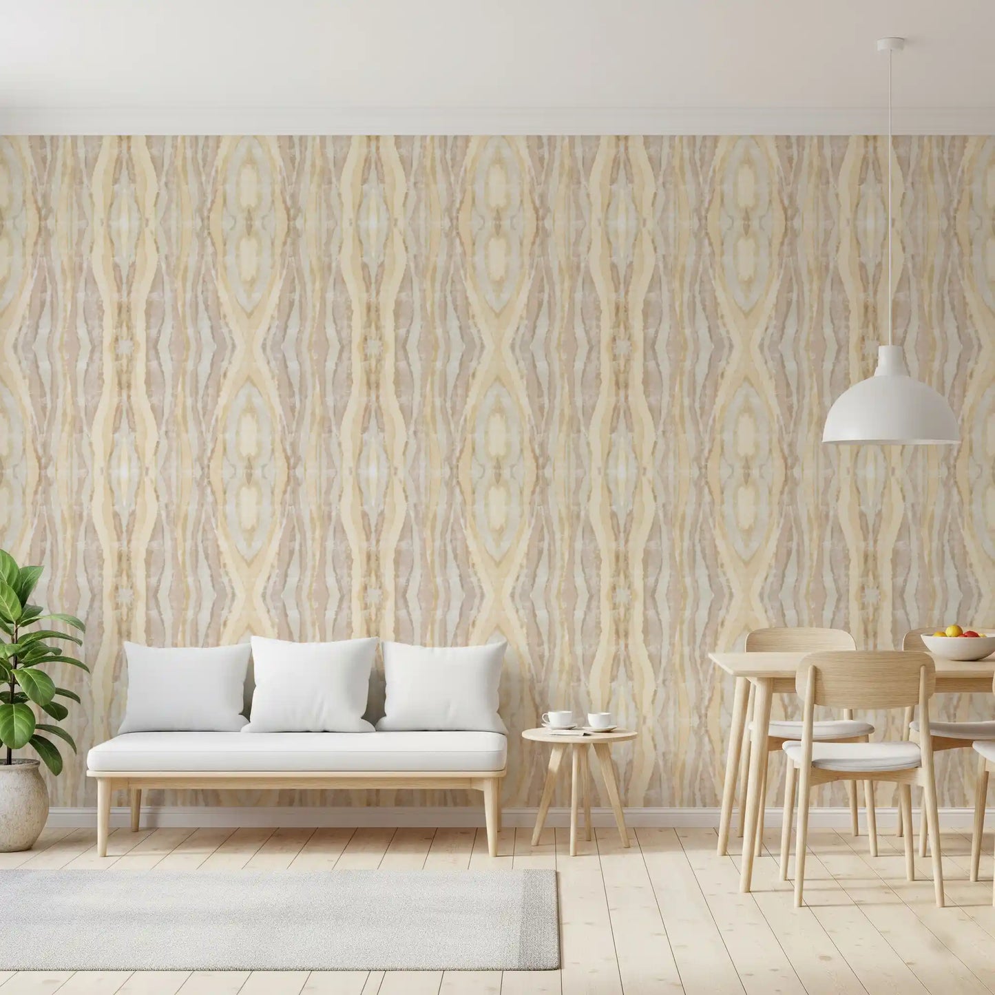 Dining area shibori stripes wallpaper in pale beige and cream rhythm