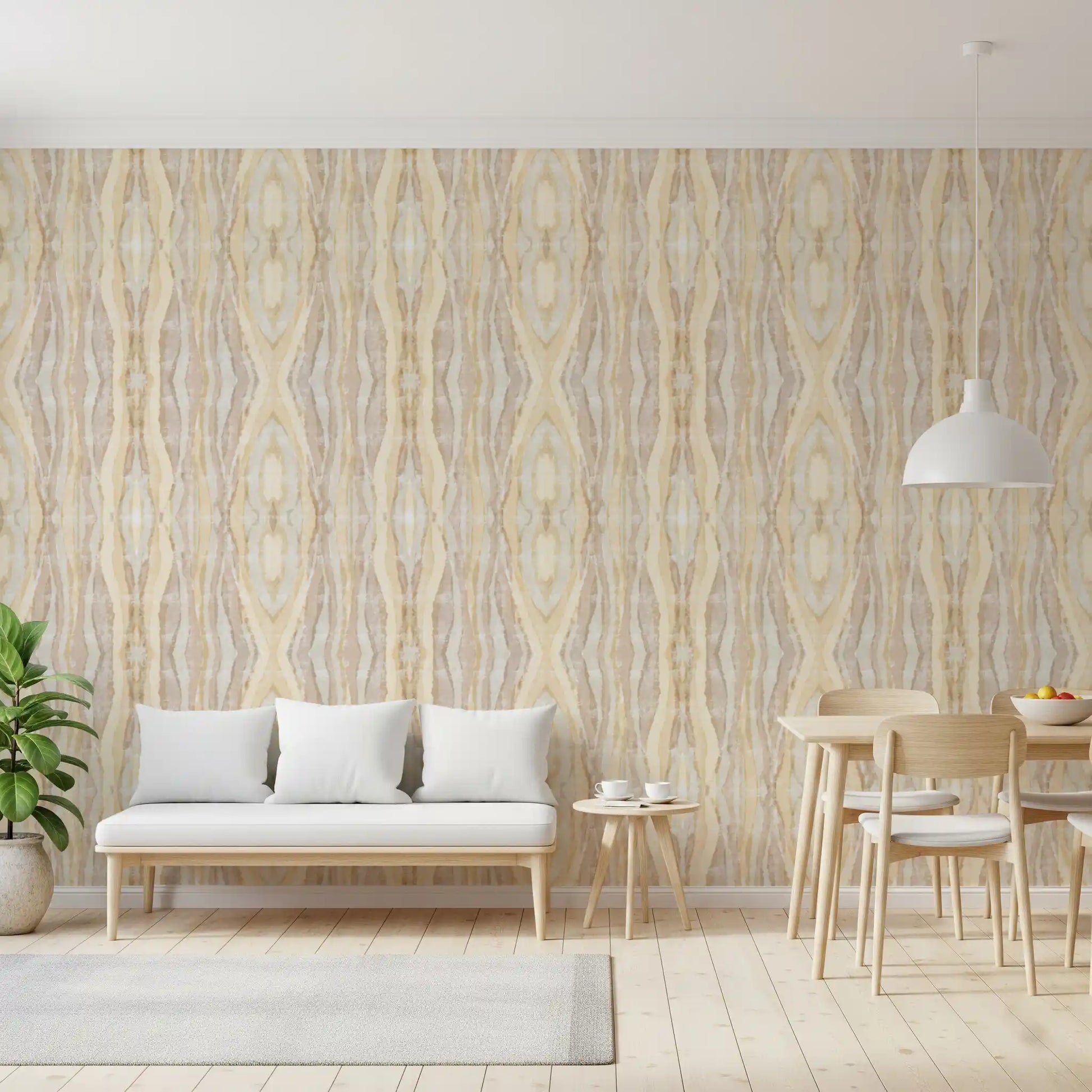 Dining area shibori stripes wallpaper in pale beige and cream rhythm