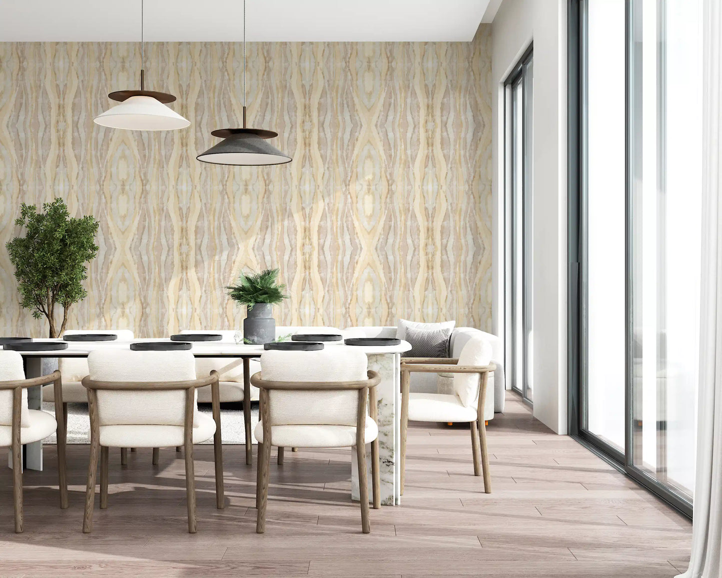 Warm neutral wallpaper featuring Earthen Rhythm shibori stripe pattern