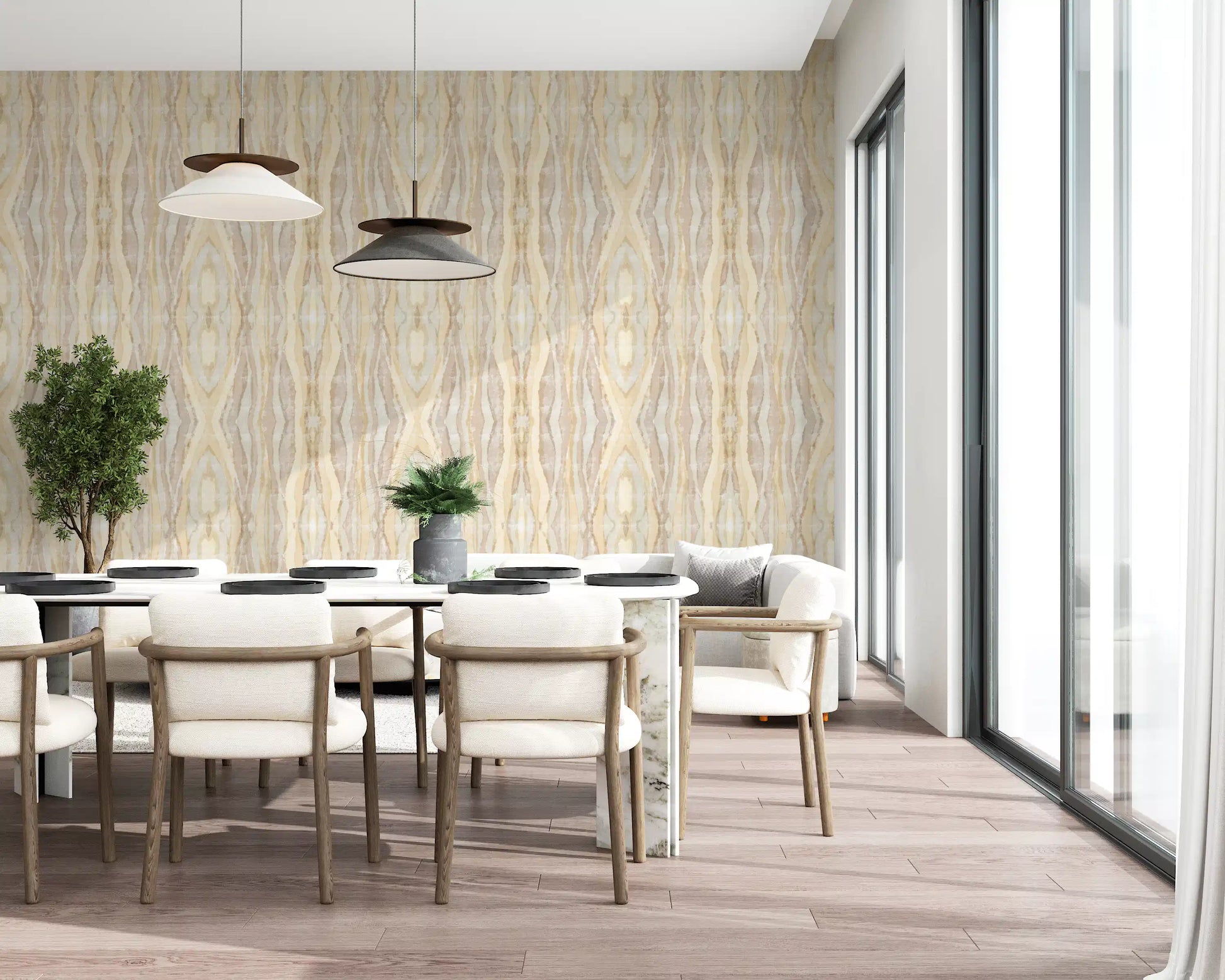 Warm neutral wallpaper featuring Earthen Rhythm shibori stripe pattern