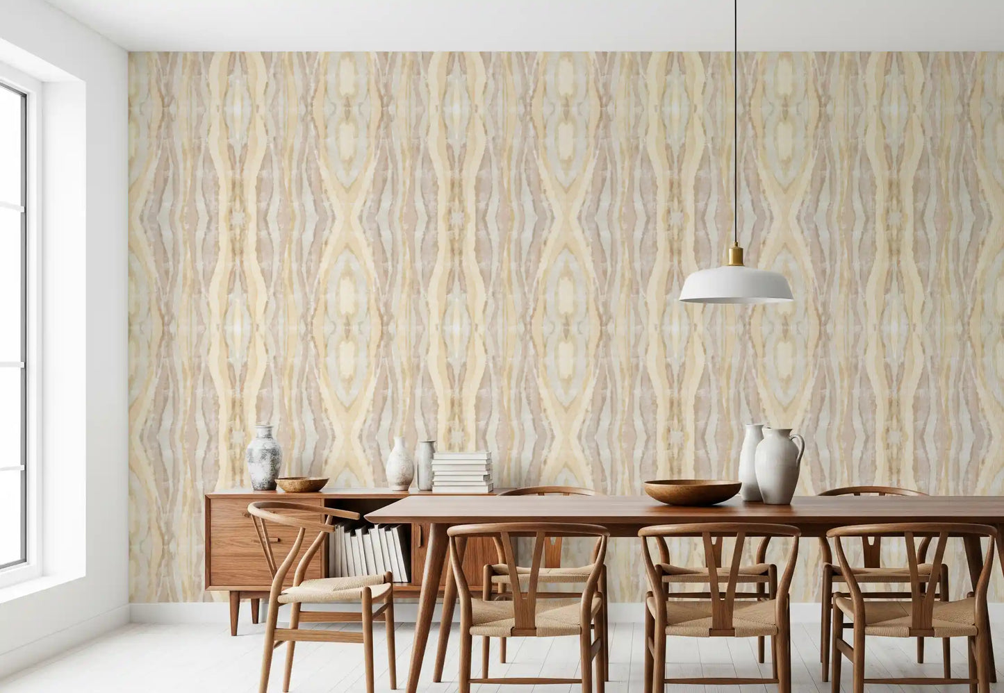 Dining room wallpaper showing shibori stripes in soft sand and taupe tones