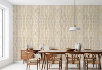 Dining room wallpaper showing shibori stripes in soft sand and taupe tones