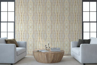 Shibori-inspired wallpaper with flowing stripes and muted earth colour