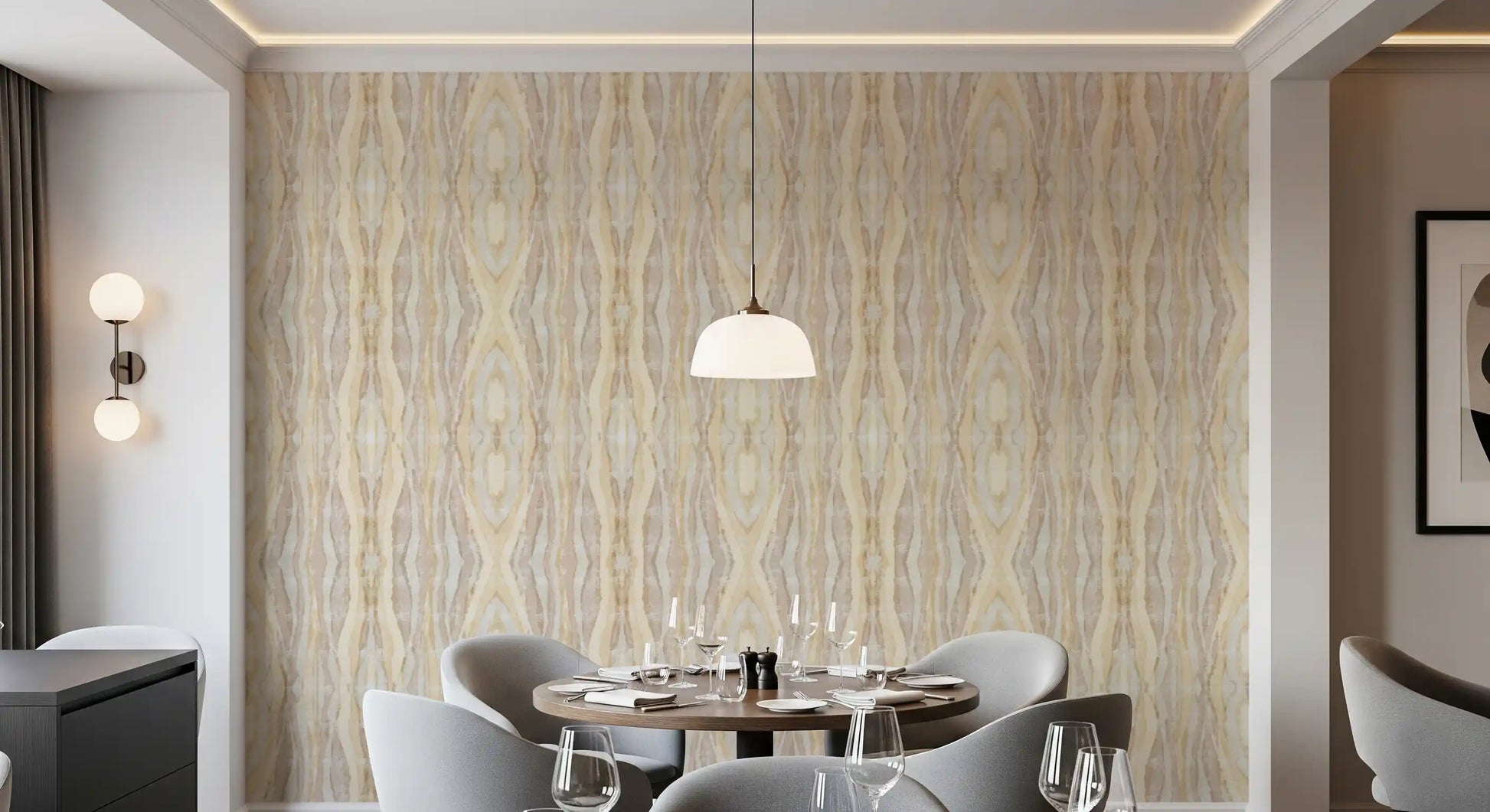 Dining room Earthen stripes wallpaper with soft vertical flow and sandy texture