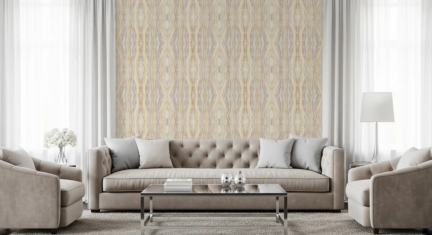 Living room Earthen Rhythm Shibori Stripes Wallpaper in warm beige flow