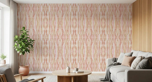 Living room Soft Whisper ikat Waves Wallpaper in blush and sandy stripe flow
