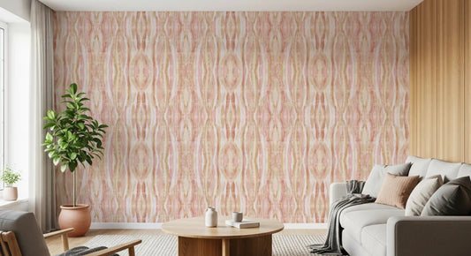 Living room Soft Whisper ikat Waves Wallpaper in blush and sandy stripe flow