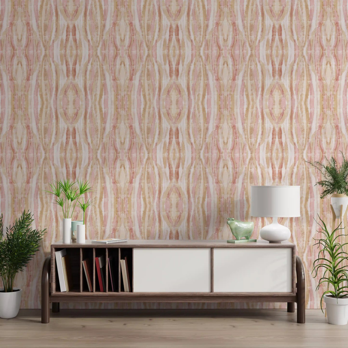 Home Soft Whisper ikat Wallpaper showing soft wave stripes in beige tones