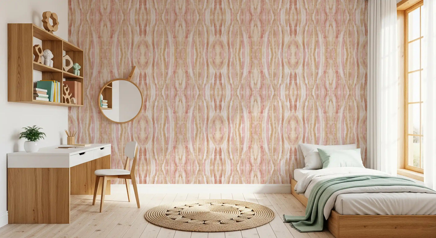 Bedroom wallpaper with Soft Whisper waves and ikat-inspired pastel movement