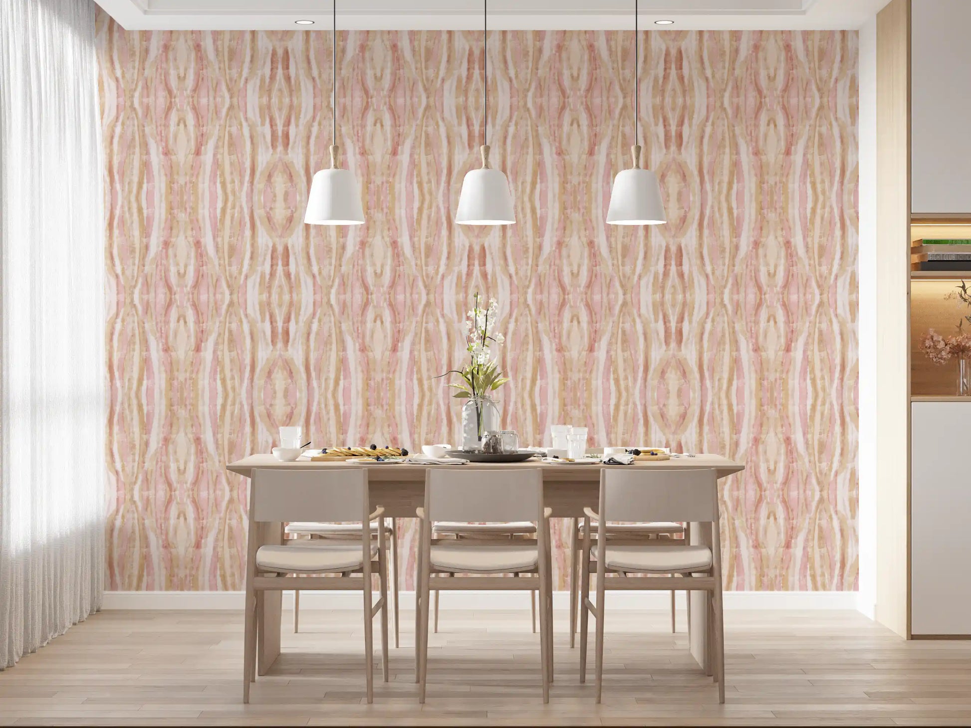 Dining room ikat Waves Wallpaper with blush lines and airy textured pattern
