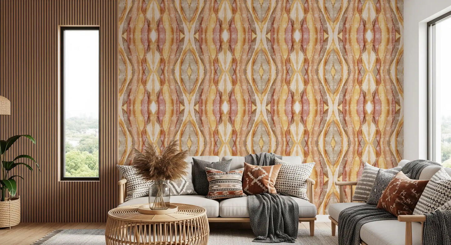 Living room Golden Rhythm Wallpaper with textured striped flow