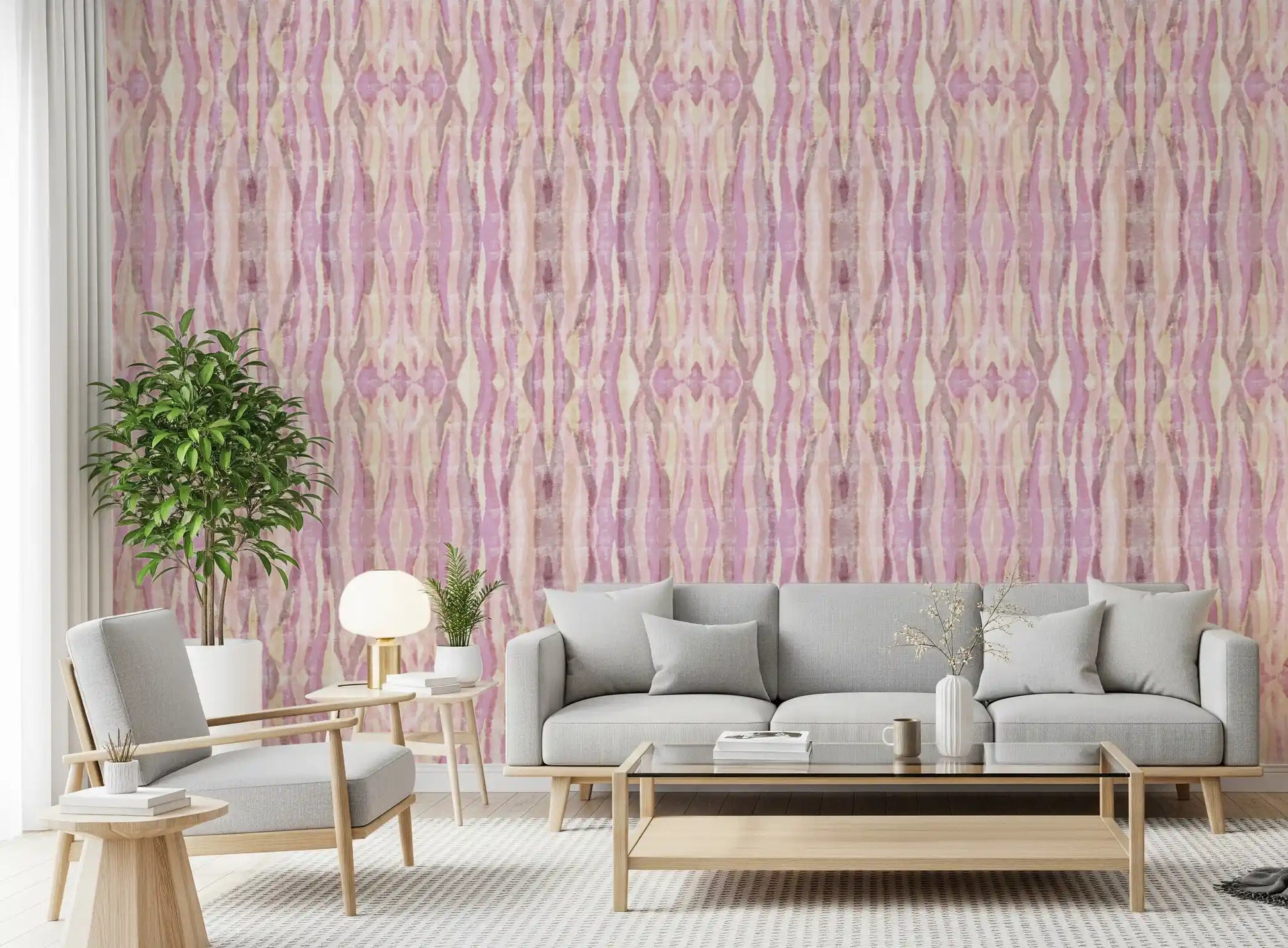 Pale cream wallpaper featuring Blush Mirage stripes and gentle wave lines