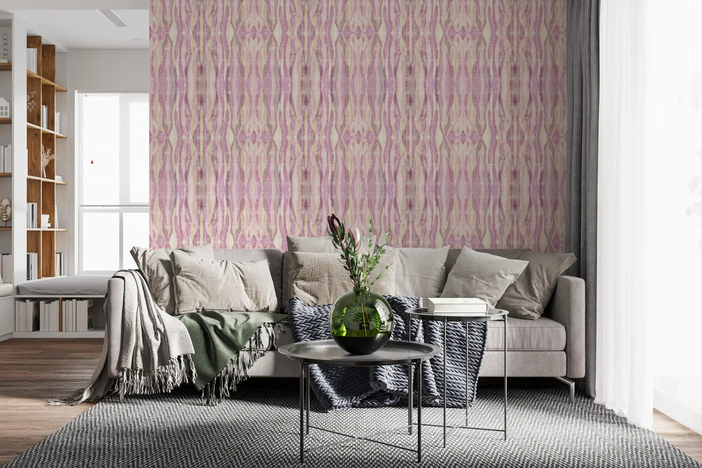 Hallway wallpaper in Blush Mirage stripes with cream and mauve movement