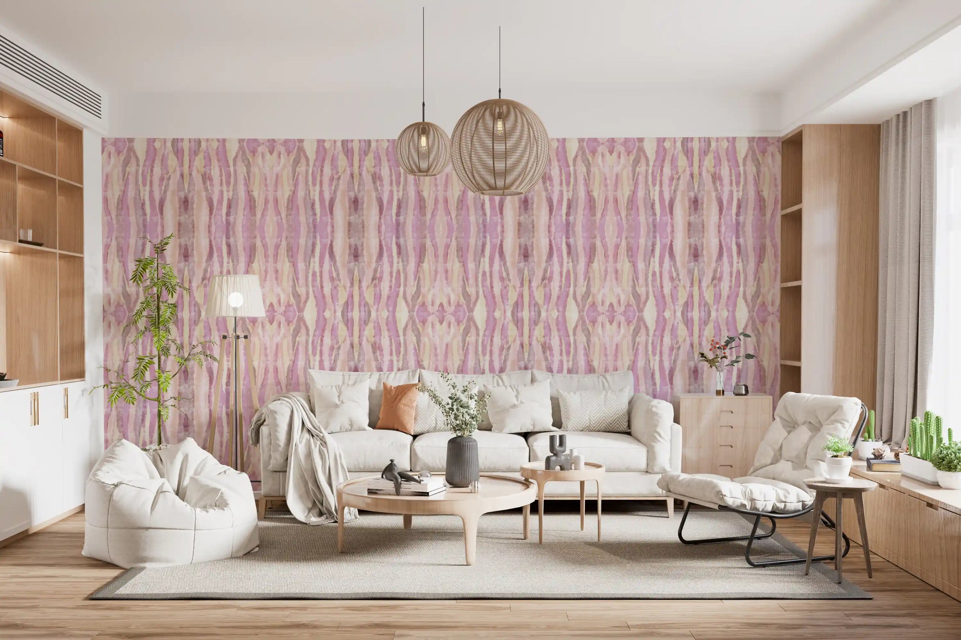 Living room Blush Mirage Stripes Wallpaper with soft pink flowing bands