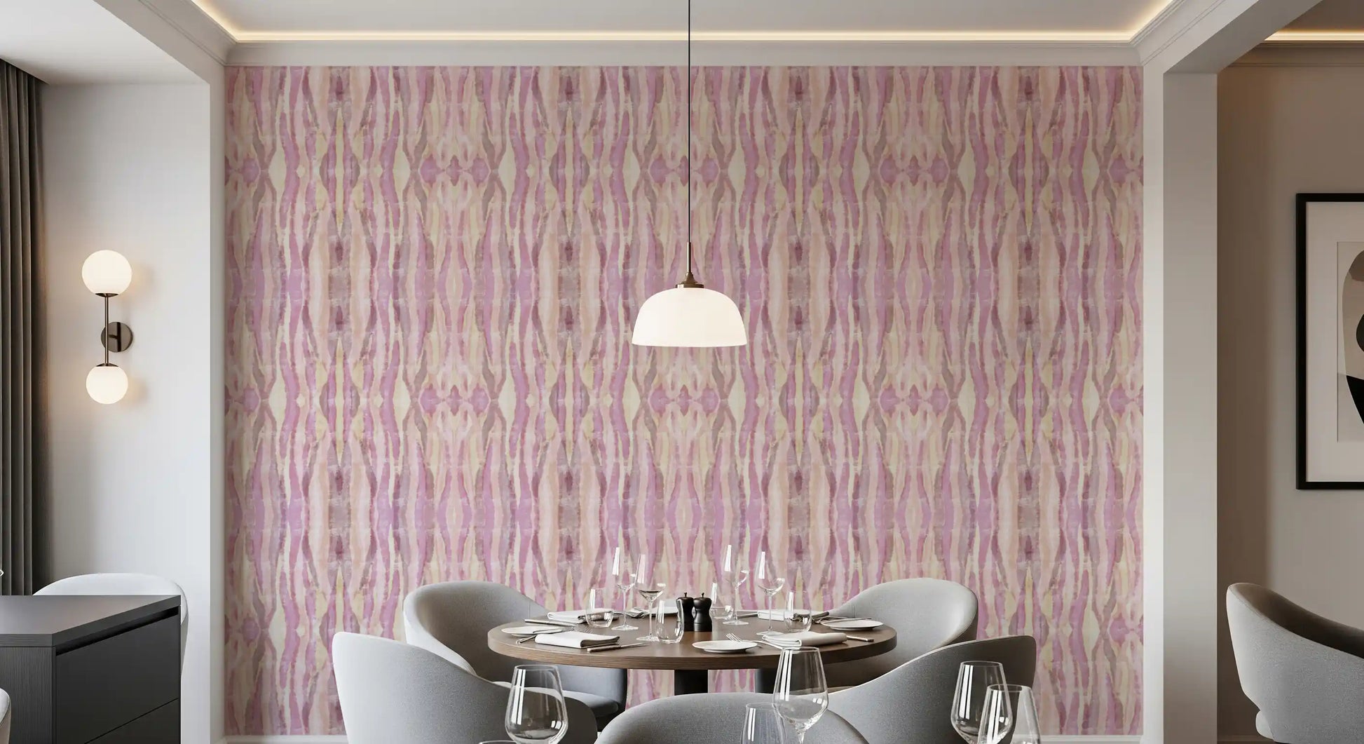 Soft pink wallpaper showing striped movement and muted layered texture