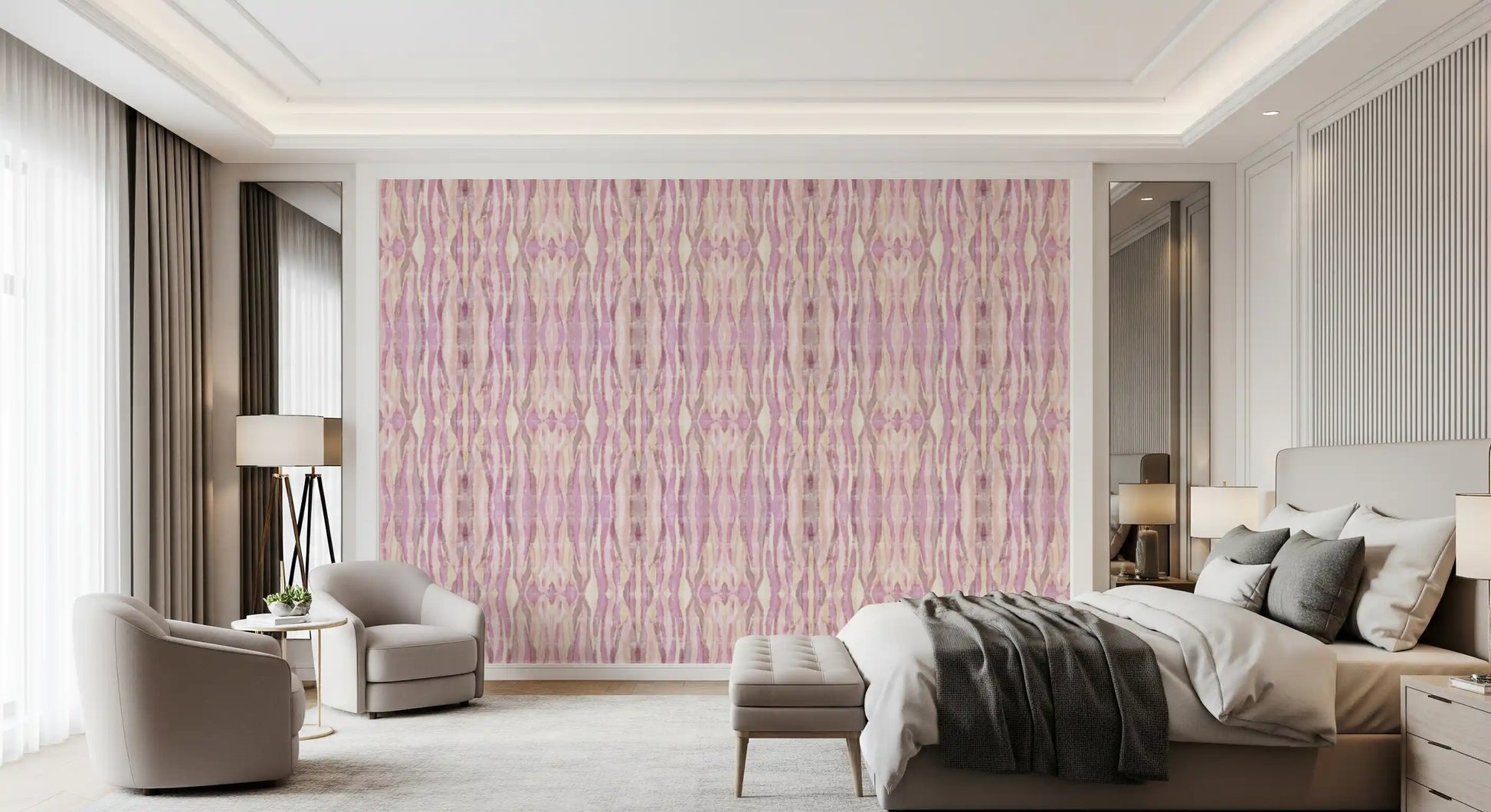 Abstract stripes wallpaper with blush bands and a soft chalky finish