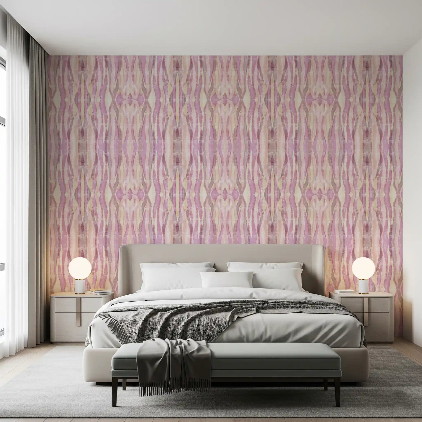 Blush wallpaper pattern with Mirage stripes and balanced vertical flow