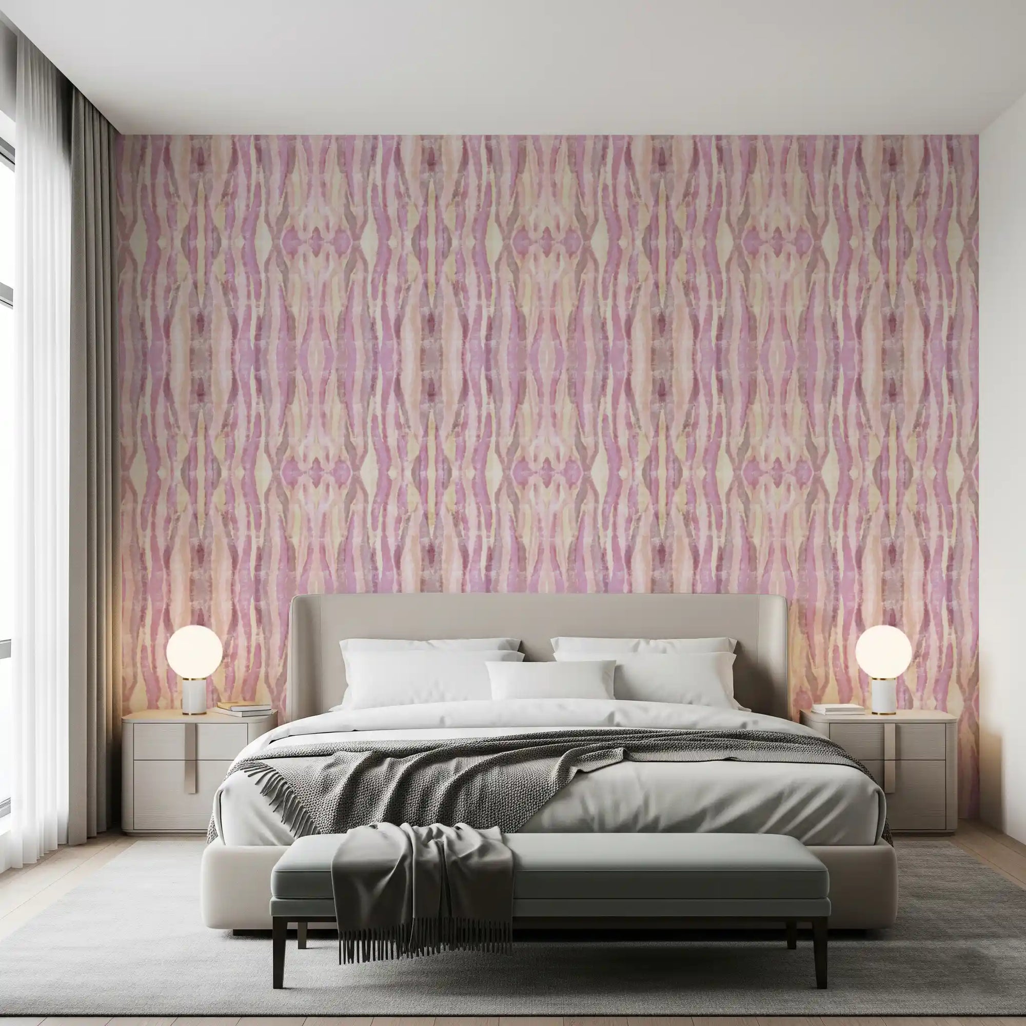 Blush wallpaper pattern with Mirage stripes and balanced vertical flow