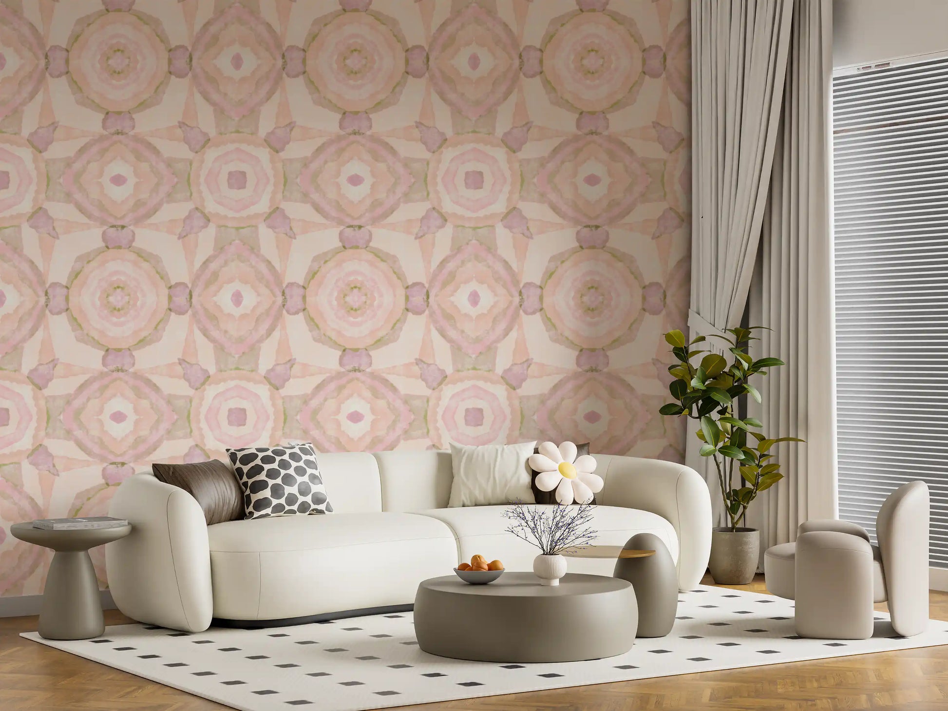 Living room Harmony Wallpaper showing soft mirrored circles and pastel flow