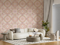 Living room Harmony Wallpaper showing soft mirrored circles and pastel flow