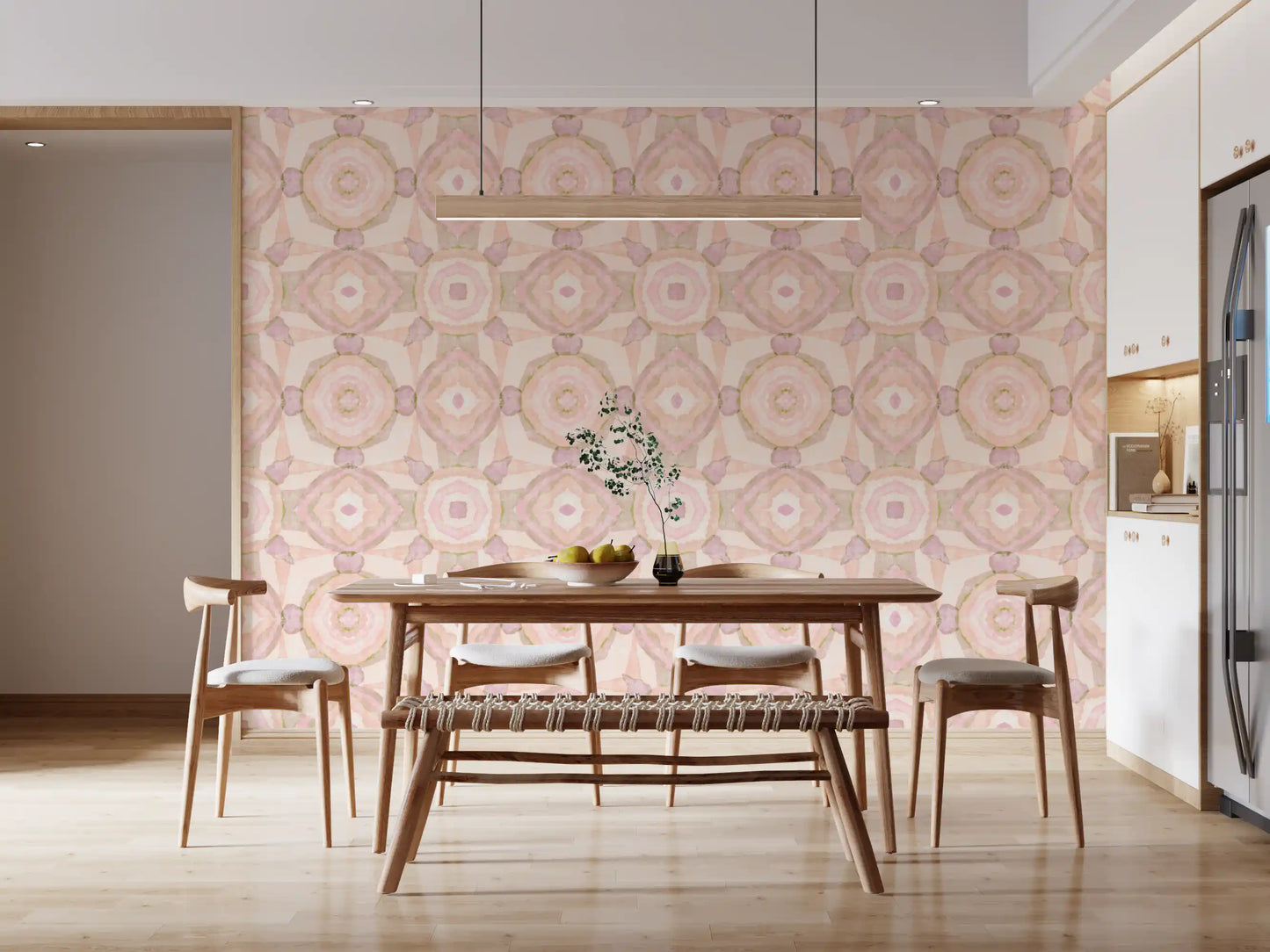 Mirrored pastel wallpaper showing blush, cream, and sage abstract movement